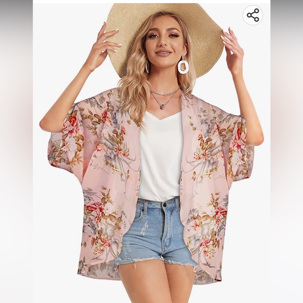 Floral kimono 143 Story by Line Up Swimsuit Coverup sz Medium sheer kimono cream - Picture 1 of 10